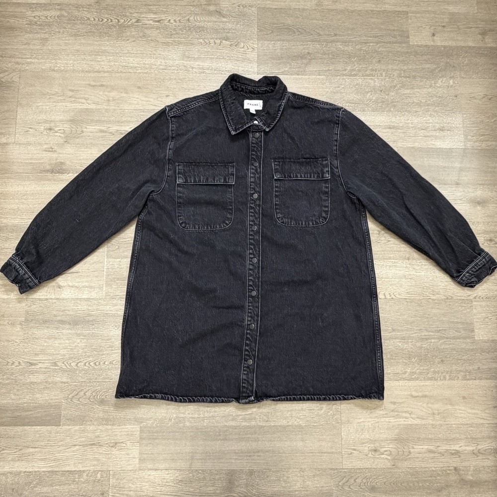 FRAME The A-Line Denim Shirt Dress Womens L Black Button Front Casual